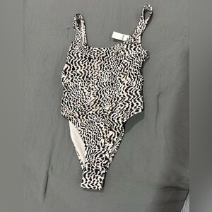 aerie Leopard Print One-Piece Swimsuit in Black and Cream